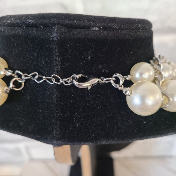 Vintage Statement Collar Necklace Graduated Faux Pearls Silver Chain Weave - Picture 6 of 12